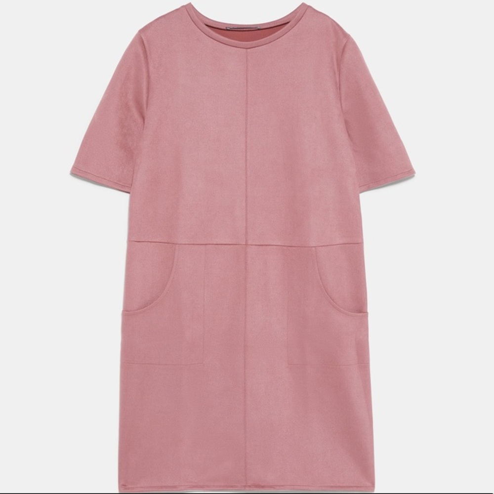 Zara Dusty Rose Short Sleeve Shift suede look Dress M
